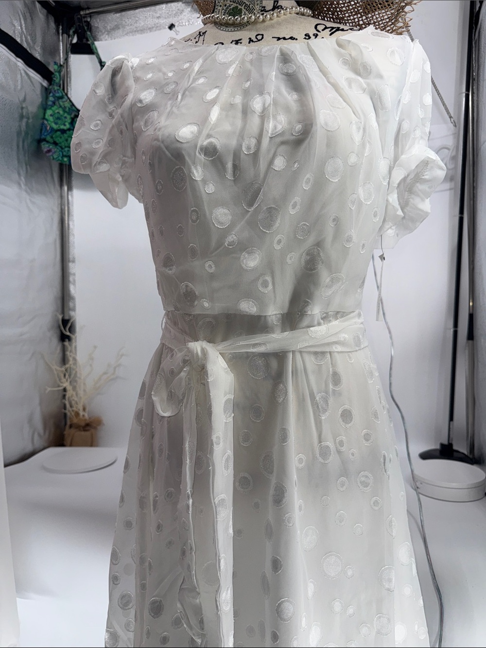 NY Collection White Sheer Dot Midi Dress with Waist Tie